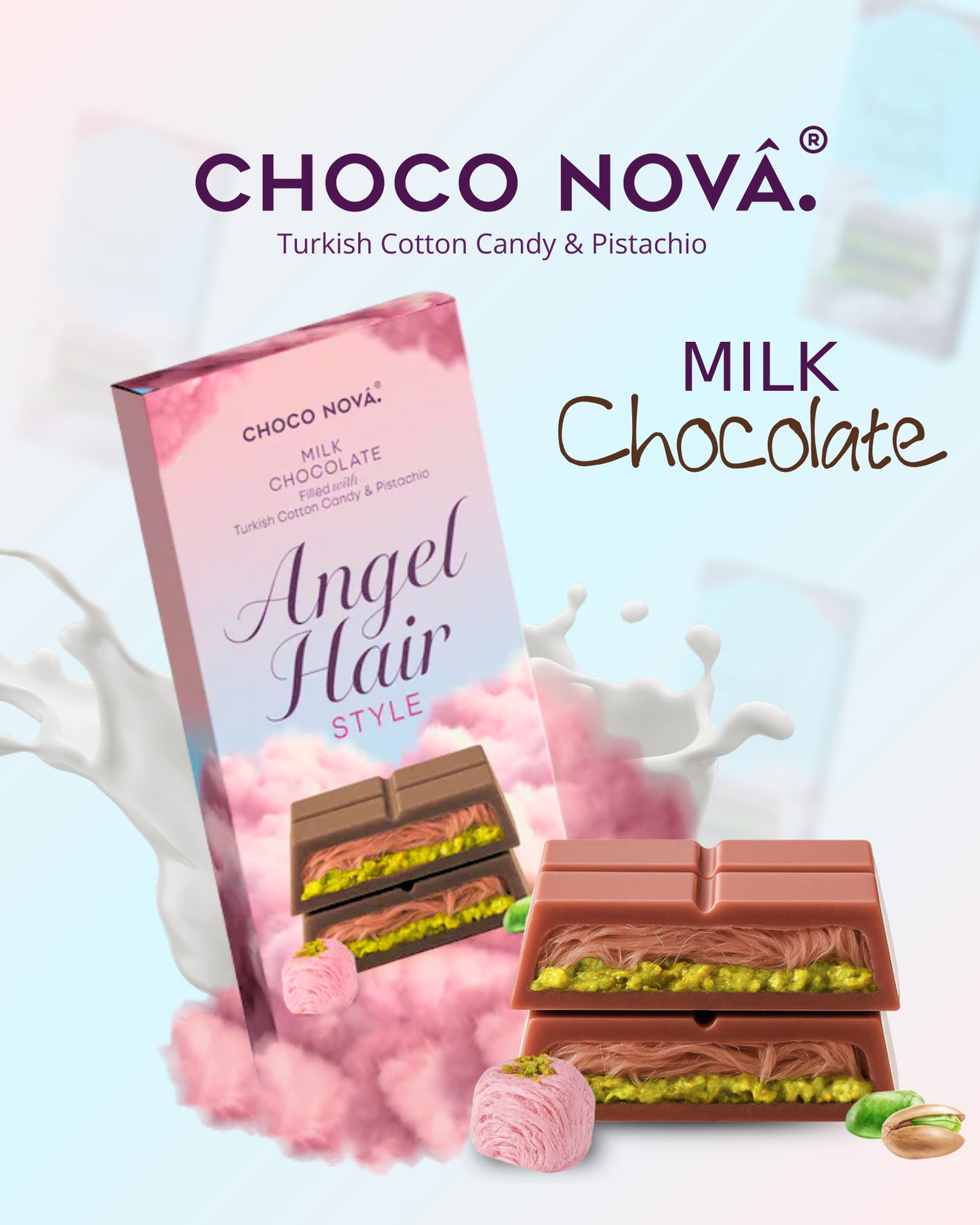 Choco Nova Angel Hair – Milk Chocolate with Pistachio & Turkish Cotton Candy (150g)