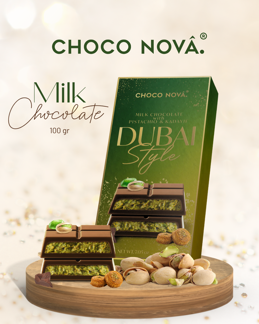 Choco Nova Signature Milk Chocolate – Dubai Style with Pistachio & Kadayif (100g)
