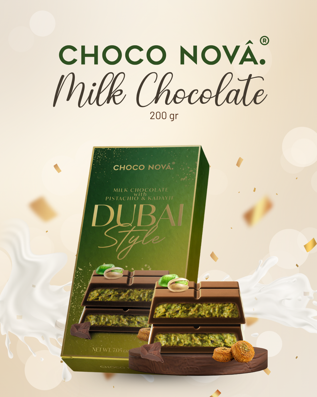 Choco Nova Signature Milk Chocolate – Dubai Style with Pistachio & Kadayif (200g)