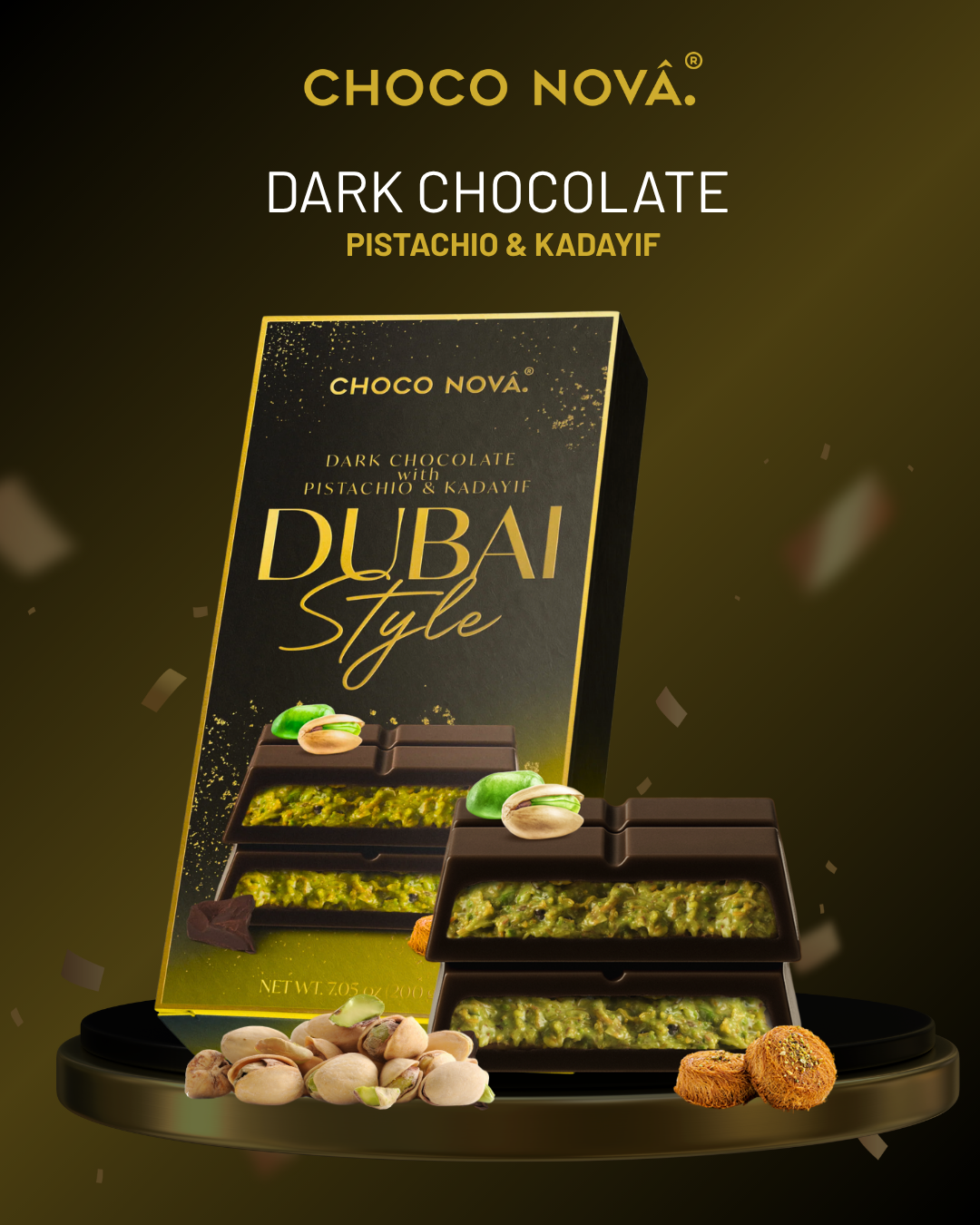 Choco Nova Signature Dark Chocolate – Dubai Style with Pistachio & Kadayif (200g)