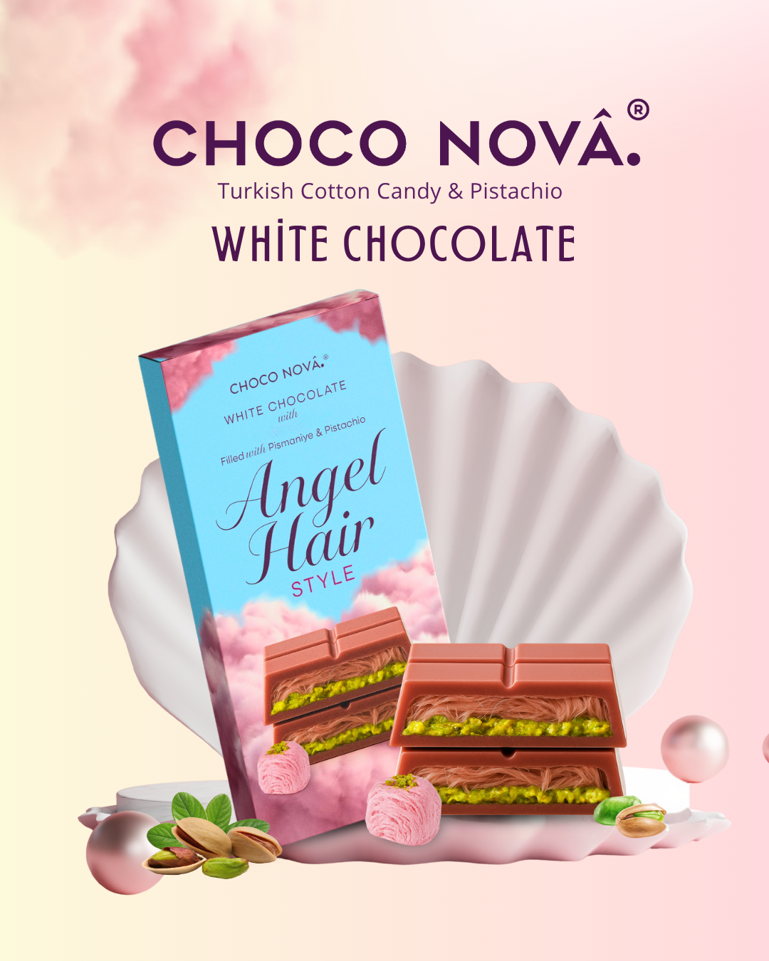 Choco Nova Angel Hair – White Chocolate with Pistachio & Turkish Cotton Candy (150g)