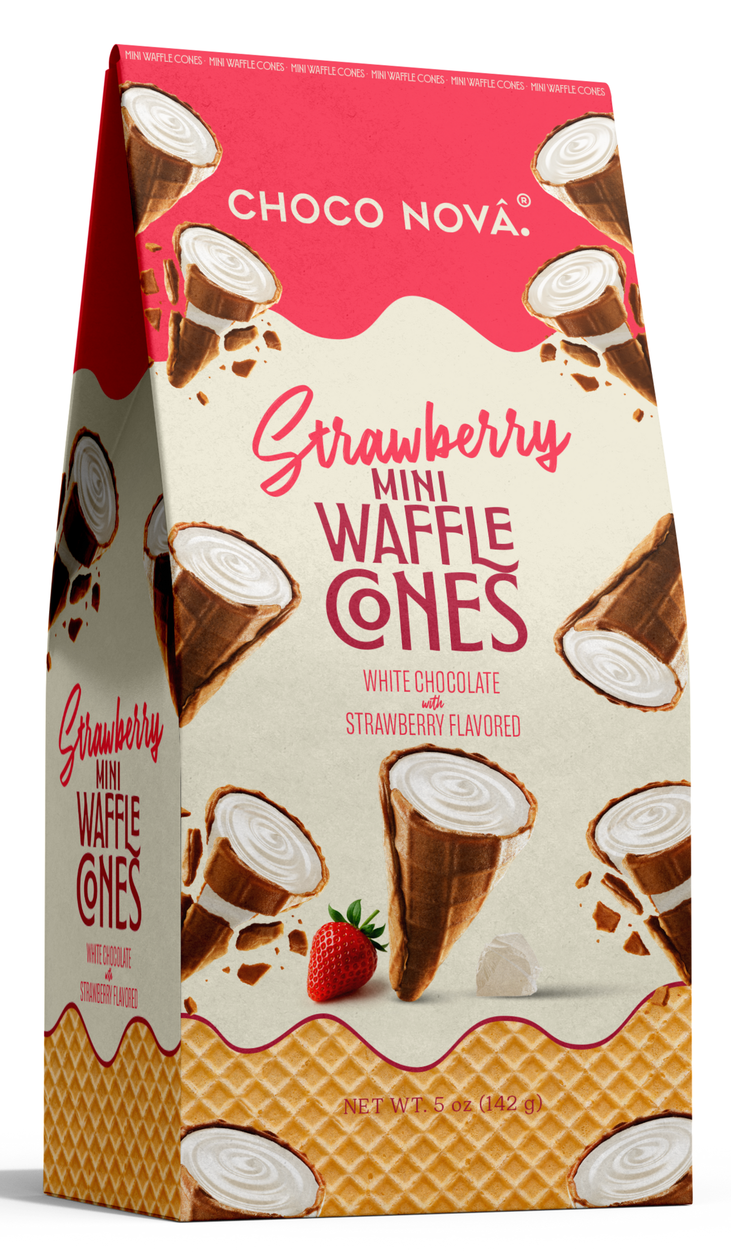 Choco Nova White Chocolate  Strawberry Mini Waffle Cones – (142g)