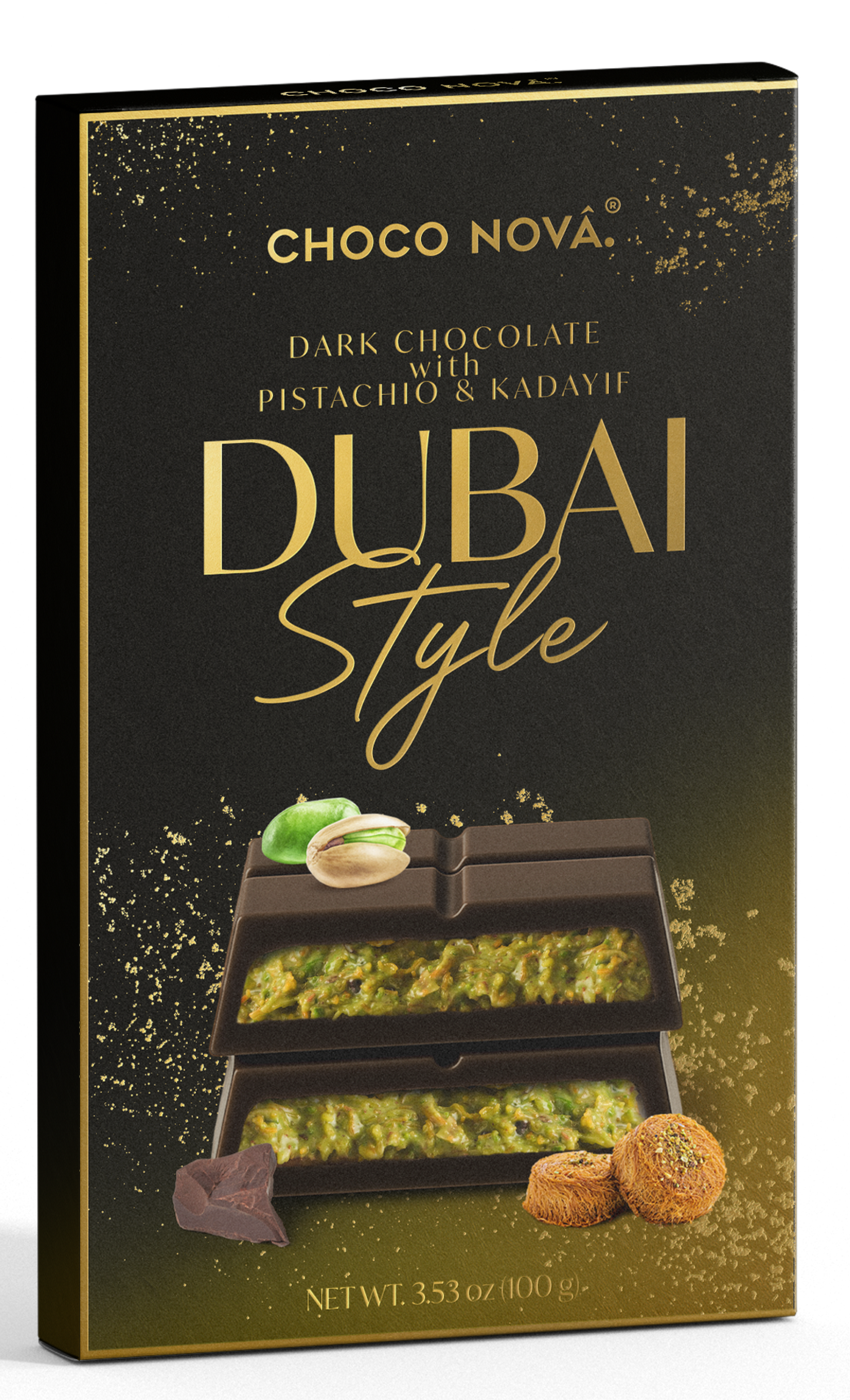 Choco Nova Signature Dark Chocolate – Dubai Style with Pistachio & Kadayif (100g)