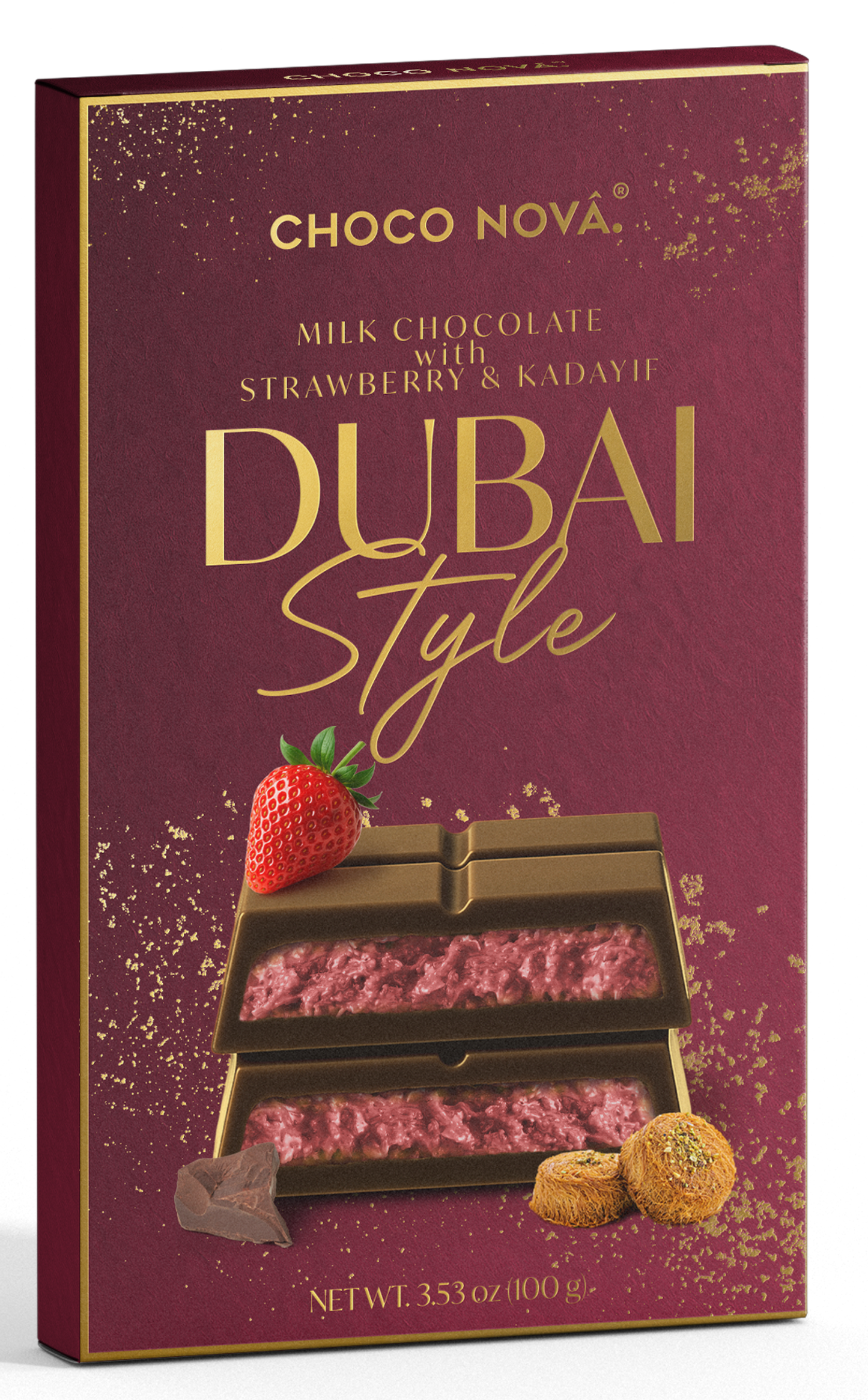 Choco Nova Signature Milk Chocolate – Dubai Style with Strawberry & Kadayif (100g)